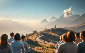 A serene, ethereal landscape showcasing the harmony of spiritual communities. In the foreground, a group of people gathered in meditation, their faces radiant with inner peace. The middle ground reveals a winding path leading to a secluded sanctuary, its architecture blending seamlessly with the natural surroundings. In the background, majestic mountains rise, their peaks kissed by wisps of clouds, conveying a sense of timelessness and connection to the divine. Soft, diffused lighting filters through the scene, creating a warm, contemplative atmosphere. The overall composition evokes a sense of unity, contemplation, and the pursuit of higher consciousness.