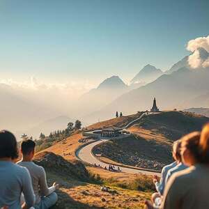 A serene, ethereal landscape showcasing the harmony of spiritual communities. In the foreground, a group of people gathered in meditation, their faces radiant with inner peace. The middle ground reveals a winding path leading to a secluded sanctuary, its architecture blending seamlessly with the natural surroundings. In the background, majestic mountains rise, their peaks kissed by wisps of clouds, conveying a sense of timelessness and connection to the divine. Soft, diffused lighting filters through the scene, creating a warm, contemplative atmosphere. The overall composition evokes a sense of unity, contemplation, and the pursuit of higher consciousness.
