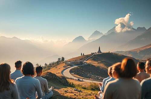 A serene, ethereal landscape showcasing the harmony of spiritual communities. In the foreground, a group of people gathered in meditation, their faces radiant with inner peace. The middle ground reveals a winding path leading to a secluded sanctuary, its architecture blending seamlessly with the natural surroundings. In the background, majestic mountains rise, their peaks kissed by wisps of clouds, conveying a sense of timelessness and connection to the divine. Soft, diffused lighting filters through the scene, creating a warm, contemplative atmosphere. The overall composition evokes a sense of unity, contemplation, and the pursuit of higher consciousness.