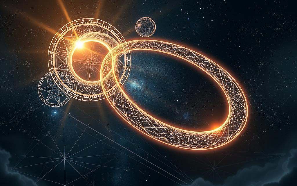 A serene, ethereal visualization of sacred geometry and the cosmic torus. In the foreground, a luminous torus shape glows with an otherworldly energy, its mesmerizing toroidal form pulsing with life. Intricate fractal patterns and Platonic solids hover around the torus, creating a harmonious interplay of sacred shapes. The middle ground features a deep, starry night sky, hinting at the torus' connection to celestial mechanics and the underlying structure of the universe. Subtle beams of heavenly light emanate from the torus, casting a warm, mystical glow over the scene. The overall atmosphere is one of wonder, transcendence, and the profound mysteries of the cosmos.