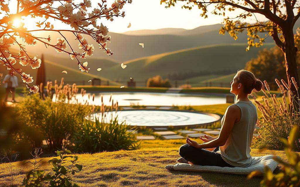A serene garden sanctuary, bathed in warm, golden-hour light. In the foreground, a person sits cross-legged on a cushion, eyes closed in meditation. Soft petals from a nearby blooming tree drift gently in the air. In the middle ground, a tranquil pond reflects the surrounding foliage, its surface rippling with a sense of inner peace. In the background, lush, verdant hills roll into the distance, creating a calming, pastoral scene. The overall atmosphere is one of introspection, forgiveness, and emotional release. A serene garden sanctuary, bathed in warm, golden-hour light. In the foreground, a person sits cross-legged on a cushion, eyes closed in meditation. Soft petals from a nearby blooming tree drift gently in the air. In the middle ground, a tranquil pond reflects the surrounding foliage, its surface rippling with a sense of inner peace. In the background, lush, verdant hills roll into the distance, creating a calming, pastoral scene. The overall atmosphere is one of introspection, forgiveness, and emotional release.