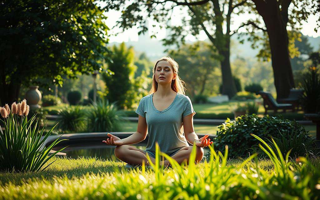 A serene garden scene, with a person seated in a meditative pose, eyes closed, surrounded by lush greenery and a tranquil pond. Soft, natural lighting filters through the trees, creating a calming atmosphere. The person's expression conveys a sense of inner peace and emotional balance. In the background, a distant skyline hints at the daily life and responsibilities that exist beyond this moment of mindfulness and introspection. The overall composition suggests the importance of pausing, being present, and processing emotions in the midst of the demands of everyday life. A serene garden scene, with a person seated in a meditative pose, eyes closed, surrounded by lush greenery and a tranquil pond. Soft, natural lighting filters through the trees, creating a calming atmosphere. The person's expression conveys a sense of inner peace and emotional balance. In the background, a distant skyline hints at the daily life and responsibilities that exist beyond this moment of mindfulness and introspection. The overall composition suggests the importance of pausing, being present, and processing emotions in the midst of the demands of everyday life.