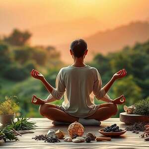 A serene, harmonious scene depicting the practice of complementary and alternative medicine for longevity. In the foreground, a figure sits cross-legged, palms upturned, embodying inner peace and mindfulness. The middle ground features an array of natural healing elements - herbs, crystals, candles - arranged in a visually pleasing composition. The background showcases a lush, verdant landscape bathed in warm, diffused lighting, evoking a sense of tranquility and connection with nature. The overall atmosphere conveys a holistic approach to wellbeing, where ancient traditions and modern self-care practices converge for a long, fulfilled life.