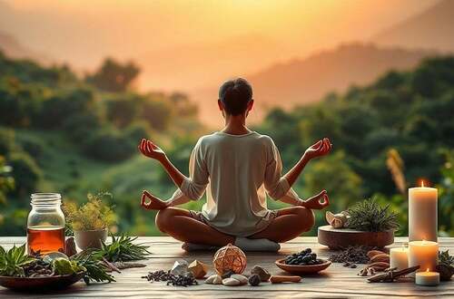 A serene, harmonious scene depicting the practice of complementary and alternative medicine for longevity. In the foreground, a figure sits cross-legged, palms upturned, embodying inner peace and mindfulness. The middle ground features an array of natural healing elements - herbs, crystals, candles - arranged in a visually pleasing composition. The background showcases a lush, verdant landscape bathed in warm, diffused lighting, evoking a sense of tranquility and connection with nature. The overall atmosphere conveys a holistic approach to wellbeing, where ancient traditions and modern self-care practices converge for a long, fulfilled life.