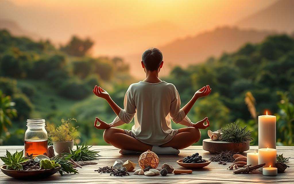 A serene, harmonious scene depicting the practice of complementary and alternative medicine for longevity. In the foreground, a figure sits cross-legged, palms upturned, embodying inner peace and mindfulness. The middle ground features an array of natural healing elements - herbs, crystals, candles - arranged in a visually pleasing composition. The background showcases a lush, verdant landscape bathed in warm, diffused lighting, evoking a sense of tranquility and connection with nature. The overall atmosphere conveys a holistic approach to wellbeing, where ancient traditions and modern self-care practices converge for a long, fulfilled life.