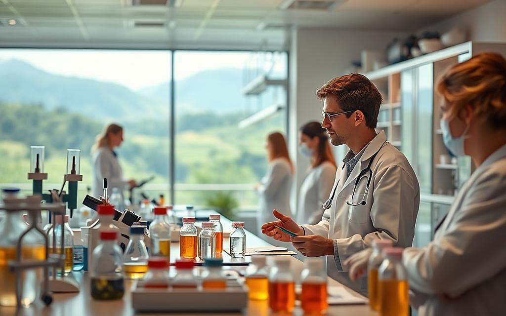 A serene, holistic medical laboratory with an integrative approach to pathology. The foreground features various scientific instruments and samples, arranged in a harmonious, organized manner. The middle ground showcases a team of researchers collaborating, discussing findings, and exploring new diagnostic techniques. The background depicts a panoramic view of nature, with lush greenery and a calming, natural atmosphere, symbolizing the connection between the human body and the environment. Warm, soft lighting illuminates the scene, creating a sense of tranquility and balance. The overall composition conveys an atmosphere of innovation, interdisciplinary cooperation, and a comprehensive, holistic perspective on pathology and healthcare.