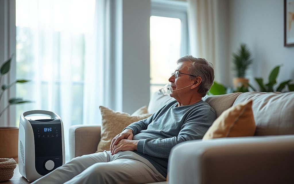 A serene home setting with a person relaxing on a couch, oxygen concentrator nearby providing supplemental oxygen therapy. Diffused lighting filters through large windows, creating a calming ambiance. The individual wears a nasal cannula, comfortably going about their daily activities. Soft fabrics, natural textures, and a touch of greenery in the background convey a sense of wellness and ease. The scene showcases how oxygen therapy can be seamlessly integrated into everyday life, supporting well-being and overall health.