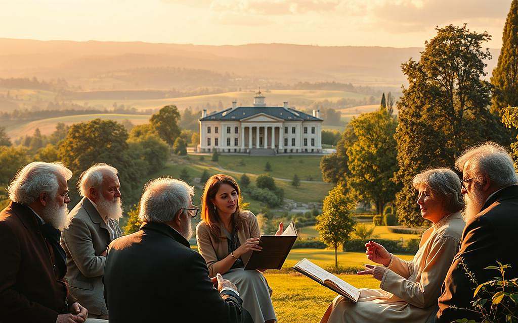A serene landscape in the Weimar style, illuminated by soft, golden light. In the foreground, a group of scholars and artists engaged in lively discourse, their faces alight with intellectual passion. Behind them, a stately manor house with classical architecture stands, surrounded by lush, verdant gardens. In the distance, the rolling hills of the Thuringian countryside stretch out, a testament to the harmony between nature and culture that defined the Weimar Classicism movement. The scene conveys a sense of refinement, intellectual curiosity, and the profound influence of this era on German society.