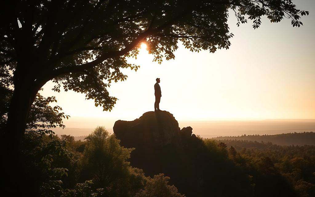 A serene landscape with a solitary figure, standing tall and resilient, surrounded by a warm, golden glow. In the foreground, a lush forest canopy casts intricate shadows, creating a sense of depth and tranquility. The middle ground features a rocky outcrop, symbolizing the strength and stability that emotional resilience can provide. In the background, a distant horizon blends seamlessly with the sky, evoking a sense of boundless possibilities and emotional freedom. The overall atmosphere is one of inner calm, self-assurance, and the ability to overcome life's challenges with grace and determination. A serene landscape with a solitary figure, standing tall and resilient, surrounded by a warm, golden glow. In the foreground, a lush forest canopy casts intricate shadows, creating a sense of depth and tranquility. The middle ground features a rocky outcrop, symbolizing the strength and stability that emotional resilience can provide. In the background, a distant horizon blends seamlessly with the sky, evoking a sense of boundless possibilities and emotional freedom. The overall atmosphere is one of inner calm, self-assurance, and the ability to overcome life's challenges with grace and determination.