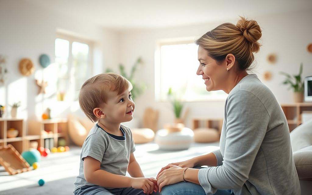 A serene, light-filled therapy room with an array of sensory tools and interactive elements. In the foreground, a child with autism spectrum disorder engages with a therapist, their faces radiating warmth and connection. The middle ground features a calming sensory corner with tactile toys, bean bags, and soft lighting. The background showcases nature-inspired decor, encouraging a sense of tranquility. Gentle rays of sunlight filter through large windows, casting a soothing glow. The overall scene conveys an evidence-based, holistic approach to autism therapy, fostering emotional well-being and sensory integration.