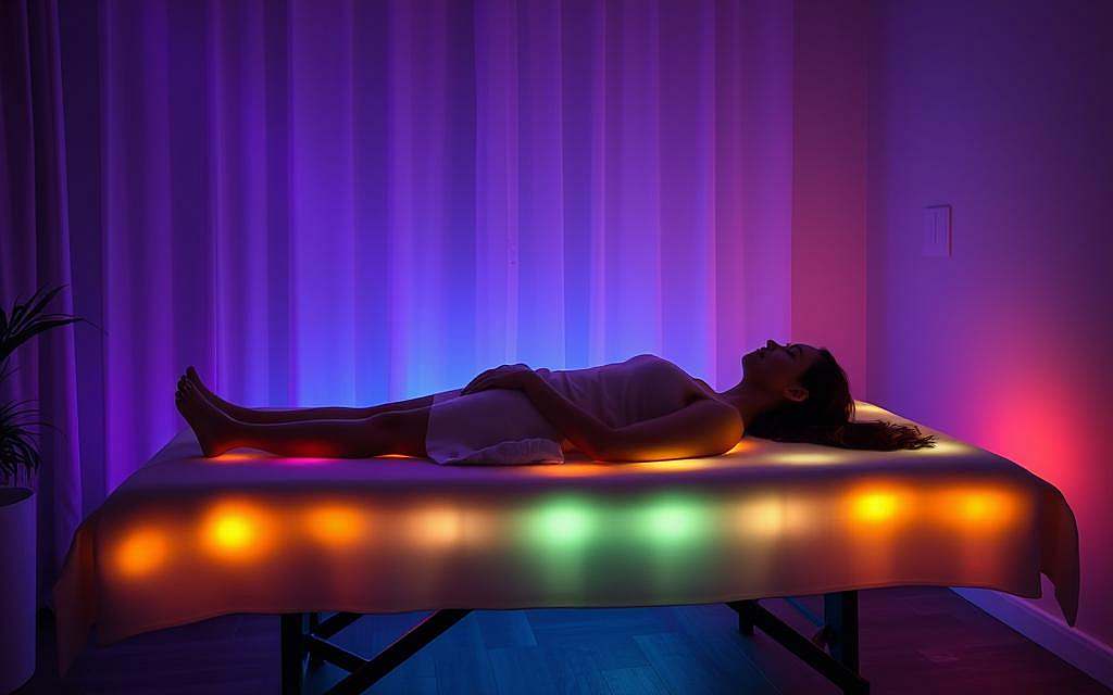 A serene, luminous scene of a holistic light therapy session. In a dimly lit, tranquil space, a person lies comfortably on a treatment table, surrounded by an array of vibrant, color-changing lights. Soft, diffused beams of soothing wavelengths bathe the subject's body, promoting cellular rejuvenation and harmonizing the body's natural rhythms. The atmosphere is one of deep relaxation, as the light therapy gently stimulates the patient's energy flow and supports their overall well-being. The scene conveys the therapeutic potential of complementary light-based modalities, their ability to balance and revitalize the mind, body, and spirit. A serene, luminous scene of a holistic light therapy session. In a dimly lit, tranquil space, a person lies comfortably on a treatment table, surrounded by an array of vibrant, color-changing lights. Soft, diffused beams of soothing wavelengths bathe the subject's body, promoting cellular rejuvenation and harmonizing the body's natural rhythms. The atmosphere is one of deep relaxation, as the light therapy gently stimulates the patient's energy flow and supports their overall well-being. The scene conveys the therapeutic potential of complementary light-based modalities, their ability to balance and revitalize the mind, body, and spirit.