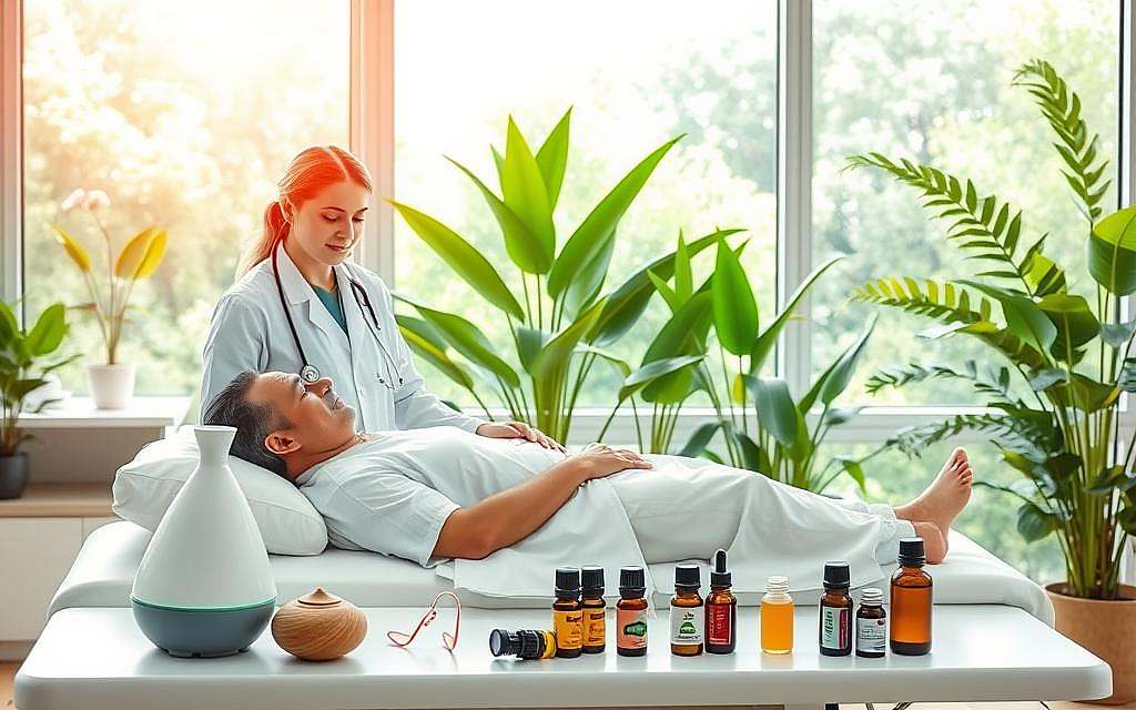 A serene medical clinic setting, with natural sunlight filtering through large windows. In the foreground, a patient rests comfortably on an examination table, receiving oxygen therapy through a nasal cannula. The therapist, wearing a crisp white coat, carefully monitors the patient's vitals. The middle ground showcases various holistic wellness accessories, such as essential oil diffusers, herbal remedies, and soothing ambient music. The background features lush, calming greenery, evoking a sense of tranquility and balance. The overall scene conveys the integration of traditional and complementary medicine, promoting a holistic approach to healthcare.
