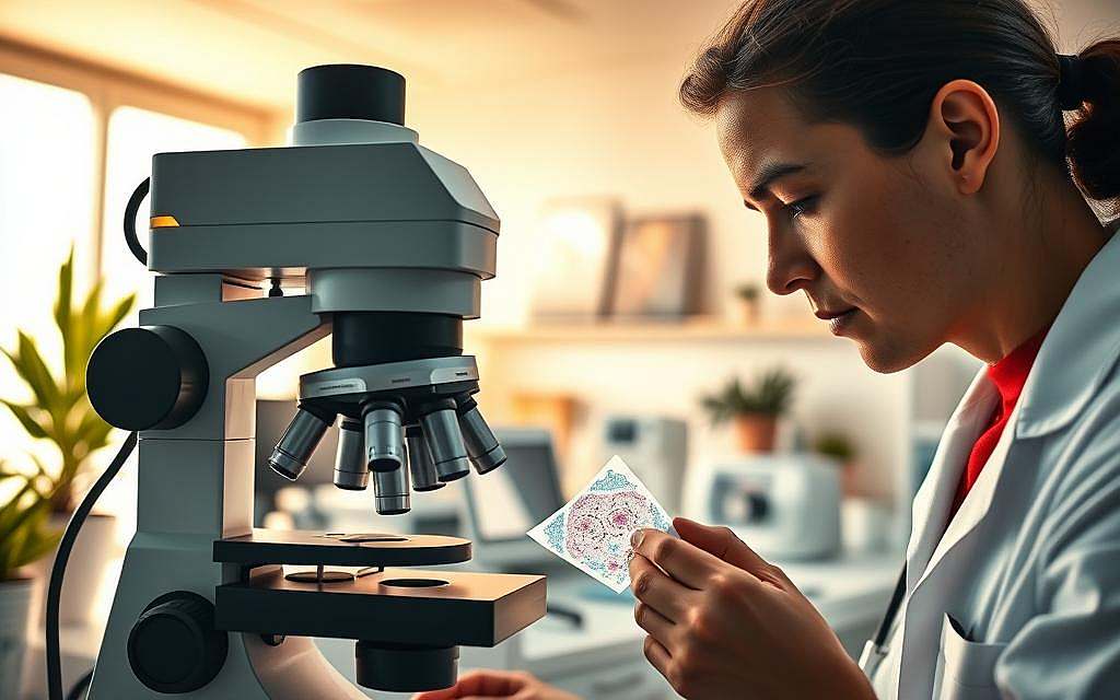 A serene medical laboratory bathed in warm, diffuse lighting. In the foreground, a doctor carefully examines a slide under a high-resolution microscope, their face reflecting a look of focused concentration. The middle ground reveals an array of state-of-the-art diagnostic equipment, conveying a sense of cutting-edge technology in service of personalized patient care. In the background, soothing natural elements like potted plants and soft-toned wall art create a calming, inviting atmosphere, evoking a holistic, patient-centric approach to pathology. The scene exudes a harmonious blend of scientific precision and compassionate, holistic healthcare.