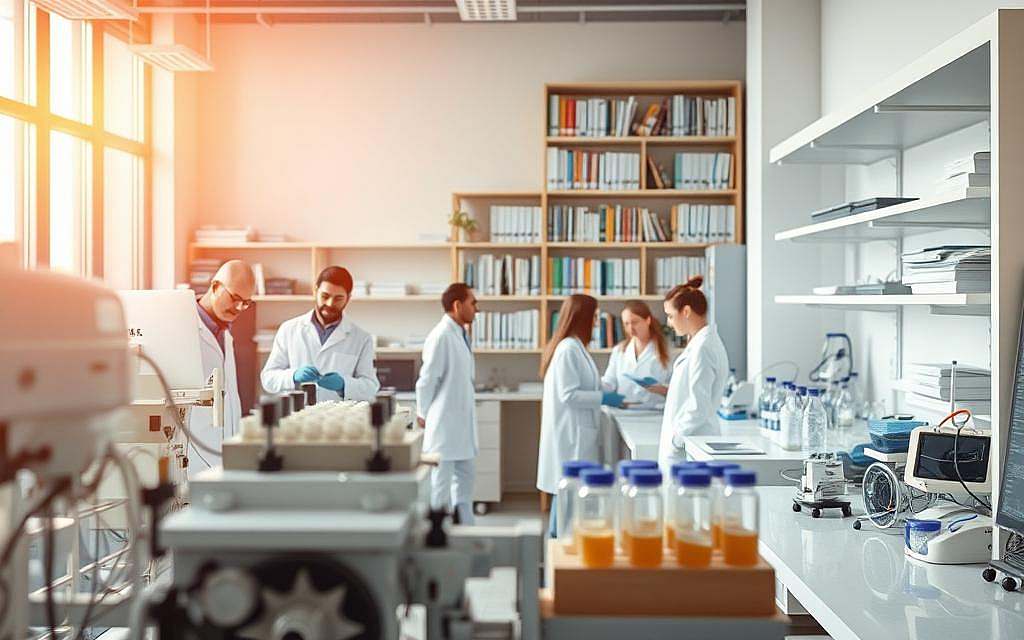 A serene medical research lab, bathed in warm, natural lighting. In the foreground, intricate medical apparatus and samples are arranged with meticulous precision. The middle ground showcases a team of dedicated researchers studying patient data and discussing breakthrough treatments. In the background, a towering bookshelf overflows with medical journals and reference materials. The atmosphere is one of focused inquiry, collaboration, and the steady pursuit of innovative healing methods. Subtle hues of white, steel, and wood create a calming, professional ambiance. The scene conveys the diligence and passion driving the advancement of successful medical interventions.