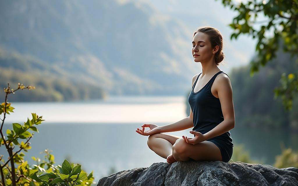 A serene meditation scene with a woman sitting in a lotus position on a rocky outcrop, surrounded by lush green foliage and a calming natural landscape. Soft, diffused lighting illuminates her face, conveying a sense of focus and emotional clarity. The background features a picturesque mountain range, with a still lake reflecting the tranquil atmosphere. The overall mood is one of inner peace, mindfulness, and a deep connection with the natural world, capturing the essence of "Meditation für emotionale Klarheit". A serene meditation scene with a woman sitting in a lotus position on a rocky outcrop, surrounded by lush green foliage and a calming natural landscape. Soft, diffused lighting illuminates her face, conveying a sense of focus and emotional clarity. The background features a picturesque mountain range, with a still lake reflecting the tranquil atmosphere. The overall mood is one of inner peace, mindfulness, and a deep connection with the natural world, capturing the essence of "Meditation für emotionale Klarheit".