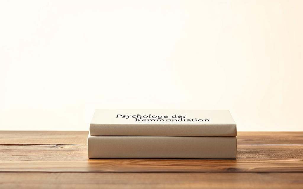 A serene, minimalist still life depicting the conceptual relationship between thought and language. In the foreground, a plain hardcover book with the title "Psychologie der Kommunikation" rests upon a wooden surface, its cover casting a soft shadow. The middle ground features a clean, white background, allowing the book to take center stage. Subtle, warm lighting from an unseen source illuminates the scene, creating a contemplative atmosphere. The overall composition conveys the idea that the written word is an expression of our inner consciousness, a manifestation of the connection between thinking and communicating.
