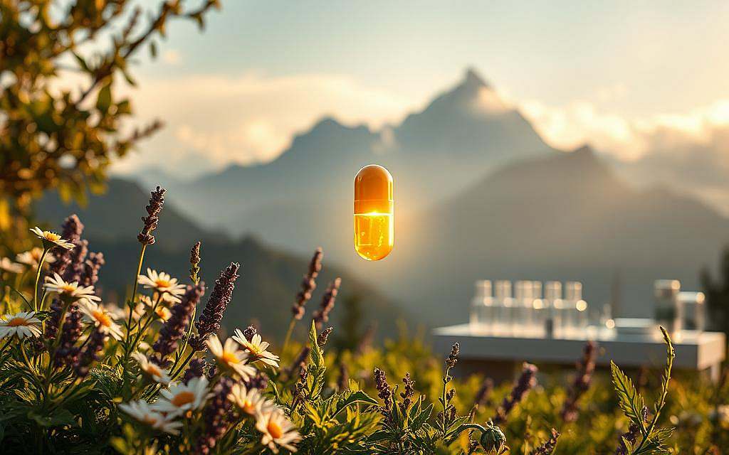 A serene, natural scene depicting the intersection of ancient tradition and modern science. In the foreground, a glowing, golden OM24 capsule hovers gracefully, its energy palpable. Surrounding it, an array of lush, verdant herbs and botanicals - chamomile, lavender, and others - symbolizing the restorative power of plant-based remedies. The middle ground features a sleek, minimalist medical lab setup, test tubes, and scientific instrumentation, representing the rigorous analysis and innovation behind OM24's formulation. In the background, a majestic mountain landscape, its rugged peaks shrouded in mist, evokes the ancient wisdom and natural harmony that inspired this modern health supplement. Warm, soft lighting bathes the scene, creating an atmosphere of tranquility and balance between the old and the new. A serene, natural scene depicting the intersection of ancient tradition and modern science. In the foreground, a glowing, golden OM24 capsule hovers gracefully, its energy palpable. Surrounding it, an array of lush, verdant herbs and botanicals - chamomile, lavender, and others - symbolizing the restorative power of plant-based remedies. The middle ground features a sleek, minimalist medical lab setup, test tubes, and scientific instrumentation, representing the rigorous analysis and innovation behind OM24's formulation. In the background, a majestic mountain landscape, its rugged peaks shrouded in mist, evokes the ancient wisdom and natural harmony that inspired this modern health supplement. Warm, soft lighting bathes the scene, creating an atmosphere of tranquility and balance between the old and the new.