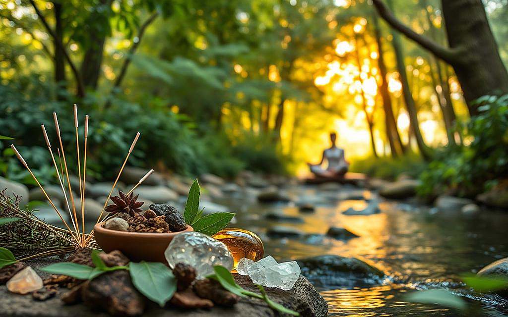 A serene, natural setting with lush foliage and a tranquil stream. In the foreground, an array of complementary medicine practices are depicted: acupuncture needles, herbal remedies, crystals, and a meditation cushion. The middle ground features a holistic practitioner guiding a patient through a restorative treatment, surrounded by soothing botanicals. In the background, a warm, golden light filters through the trees, creating a calming, meditative atmosphere. The overall scene conveys a sense of balance, harmony, and the integration of traditional and alternative healing modalities.