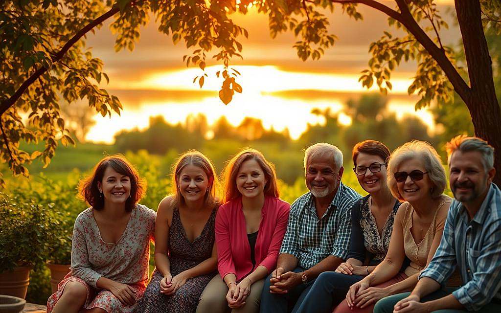 A serene natural setting with lush greenery, a tranquil lake, and a warm, golden sunset glow. In the foreground, a group of people of diverse ages and backgrounds sit together, their faces alight with genuine smiles as they share their personal experiences and testimonials about the transformative effects of OM24, a natural wellness supplement. The scene radiates a sense of community, harmony, and the profound positive impact this product has had on their lives. The lighting is soft and inviting, creating a dreamlike, almost ethereal ambiance that evokes the idea of a healing, restorative journey. The composition is balanced, with the people in the foreground providing the main focal point, while the serene natural setting serves as a beautiful, complementary backdrop. A serene natural setting with lush greenery, a tranquil lake, and a warm, golden sunset glow. In the foreground, a group of people of diverse ages and backgrounds sit together, their faces alight with genuine smiles as they share their personal experiences and testimonials about the transformative effects of OM24, a natural wellness supplement. The scene radiates a sense of community, harmony, and the profound positive impact this product has had on their lives. The lighting is soft and inviting, creating a dreamlike, almost ethereal ambiance that evokes the idea of a healing, restorative journey. The composition is balanced, with the people in the foreground providing the main focal point, while the serene natural setting serves as a beautiful, complementary backdrop.