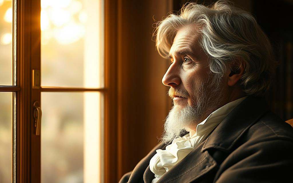 A serene portrait of Johann Wolfgang von Goethe, the renowned German polymath, lost in contemplation of the natural world. Illuminated by warm, golden light filtering through a window, his pensive gaze reflects the depth of his Naturphilosophie - the philosophical pursuit of understanding the harmony and interconnectedness of all living things. The background is a rich, muted palette of natural hues, evoking the tranquility of Goethe's beloved Weimar countryside. The composition is balanced and elegant, mirroring the aesthetic sensibilities that Goethe championed in his writings on art and literature. This image captures the essence of Goethe's holistic worldview, where the study of nature and the appreciation of beauty converge to form a profound philosophical and artistic vision.