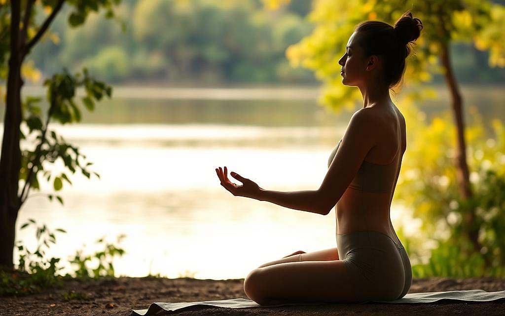 A serene, soft-lit scene depicting a person engaging in mindful, therapeutic body movements to regulate their emotions. The figure is situated in a peaceful, natural setting with lush greenery and a calm body of water in the background. Warm, diffused lighting casts a soothing glow, highlighting the gentle, deliberate poses and gestures as the person practices techniques to manage feelings of anxiety, sadness, or anger. The pose conveys a sense of grounded focus, with the body weight evenly distributed and the limbs moving in fluid, meditative motions. The overall atmosphere is one of tranquility, introspection, and the empowering process of emotional self-regulation. A serene, soft-lit scene depicting a person engaging in mindful, therapeutic body movements to regulate their emotions. The figure is situated in a peaceful, natural setting with lush greenery and a calm body of water in the background. Warm, diffused lighting casts a soothing glow, highlighting the gentle, deliberate poses and gestures as the person practices techniques to manage feelings of anxiety, sadness, or anger. The pose conveys a sense of grounded focus, with the body weight evenly distributed and the limbs moving in fluid, meditative motions. The overall atmosphere is one of tranquility, introspection, and the empowering process of emotional self-regulation.