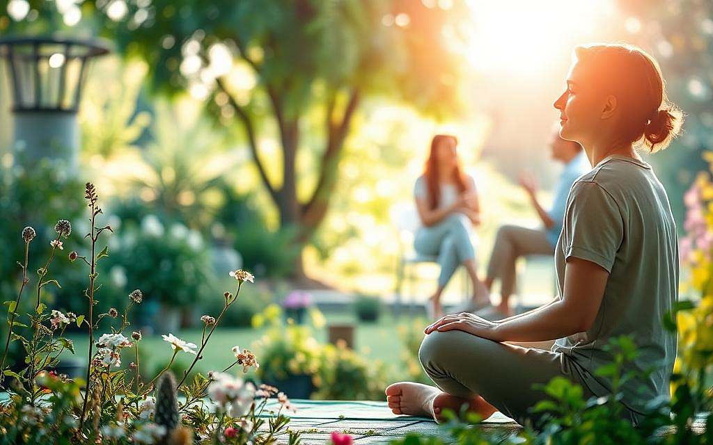 A serene, softly-lit scene depicting the psychological aspects of coping with illness. In the foreground, a pensive individual sitting cross-legged, eyes closed, reflecting inwardly. Surrounding them, delicate flowers and herbs symbolize the healing power of nature. In the middle ground, a therapist and patient engage in a thoughtful discussion, gestures conveying empathy and understanding. The background reveals a tranquil garden, sunlight filtering through lush foliage, creating a calming, contemplative atmosphere. The overall mood is one of introspection, resilience, and the holistic integration of mind, body, and spirit in the journey of recovery.