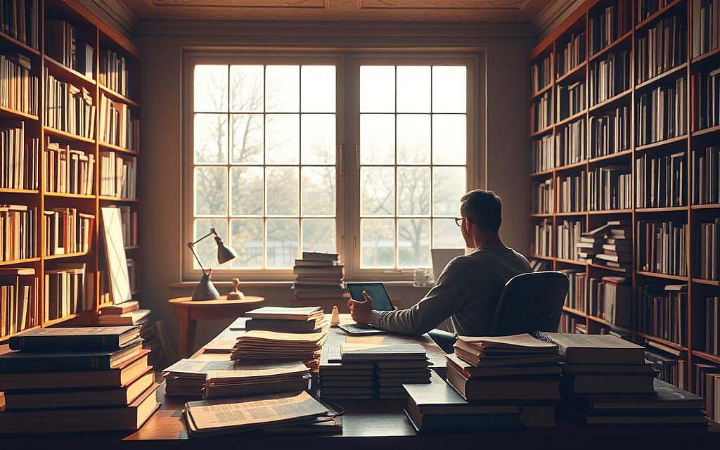 A serene study filled with books, papers, and a thoughtful figure sitting at a desk, contemplating the interplay of cognition and dissonance. Warm lighting casts a pensive glow, enhancing the atmosphere of intellectual inquiry. The background features a large window, allowing natural light to stream in, symbolizing the journey of learning and growth. Carefully arranged bookshelves line the walls, hinting at the breadth of knowledge available. The figure's pose conveys a sense of deep concentration, their expression reflecting the challenges of reconciling beliefs with reality. Overall, the scene evokes a space of reflection, where the pursuit of understanding and the management of cognitive dissonance converge.
