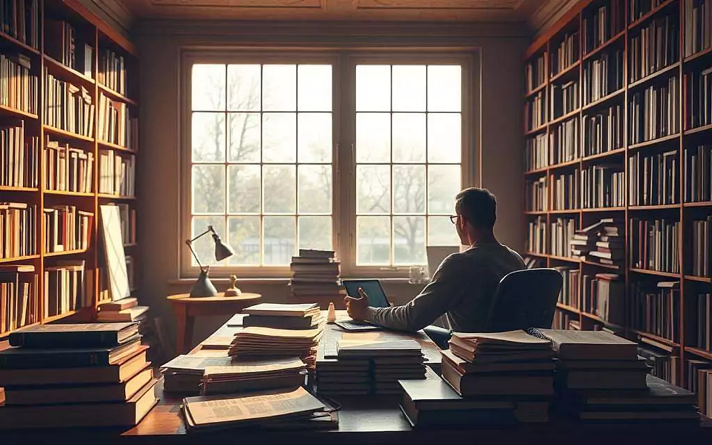 A serene study filled with books, papers, and a thoughtful figure sitting at a desk, contemplating the interplay of cognition and dissonance. Warm lighting casts a pensive glow, enhancing the atmosphere of intellectual inquiry. The background features a large window, allowing natural light to stream in, symbolizing the journey of learning and growth. Carefully arranged bookshelves line the walls, hinting at the breadth of knowledge available. The figure's pose conveys a sense of deep concentration, their expression reflecting the challenges of reconciling beliefs with reality. Overall, the scene evokes a space of reflection, where the pursuit of understanding and the management of cognitive dissonance converge.
