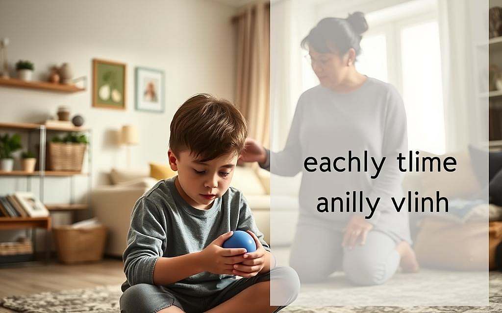 A serene, well-lit domestic scene showcasing practical strategies for daily life with autism. In the foreground, a person with autism sits calmly, engrossed in a sensory-soothing activity like fidgeting with a stress ball. In the middle ground, a family member or caregiver provides gentle guidance, demonstrating effective communication techniques. The background depicts a cozy, organized living space with muted colors and minimal clutter, creating a calming environment. Soft lighting from a window illuminates the scene, conveying a sense of tranquility and understanding. The overall mood is one of compassion, empowerment and a celebration of individual differences.