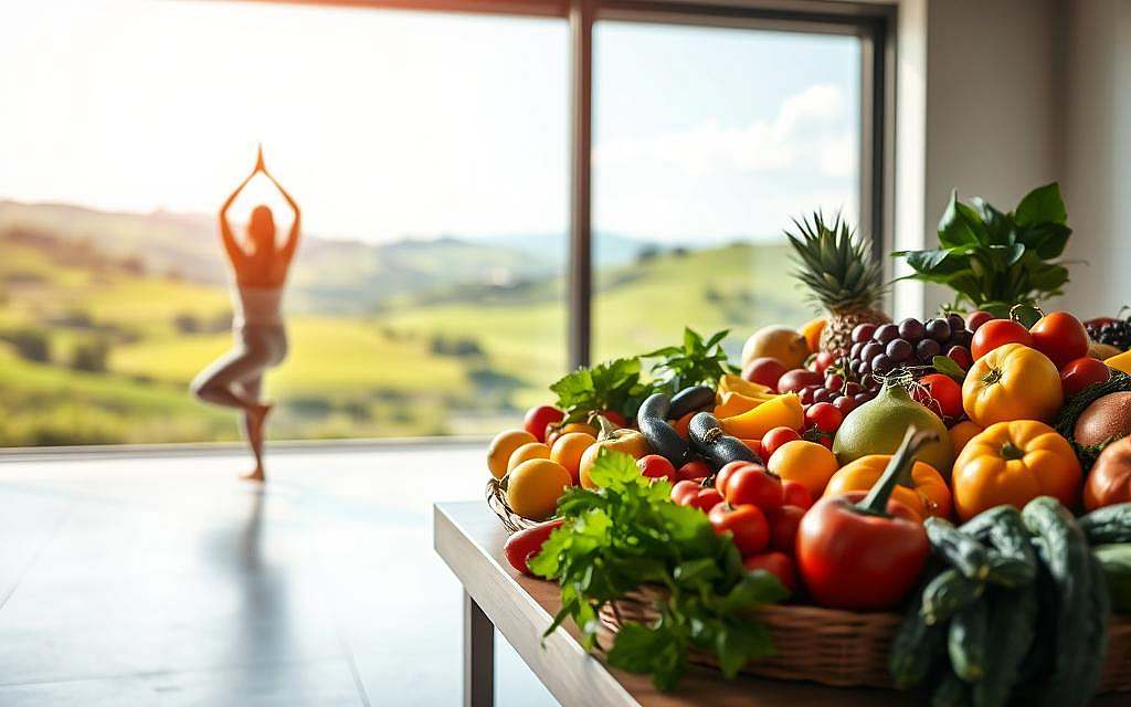 A serene, well-lit scene depicting a healthy lifestyle. In the foreground, a person is engaged in gentle yoga poses, their body in fluid motion. The middle ground showcases a bountiful array of fresh produce - vibrant fruits and vegetables arranged in an aesthetically pleasing manner. In the background, a lush, verdant landscape with rolling hills and a clear blue sky, conveying a sense of balance and harmony. The overall atmosphere is one of tranquility and wellness, with soft, diffused lighting and a soothing color palette. The image captures the essence of how a balanced, environmentally-conscious lifestyle can contribute to good health and well-being.