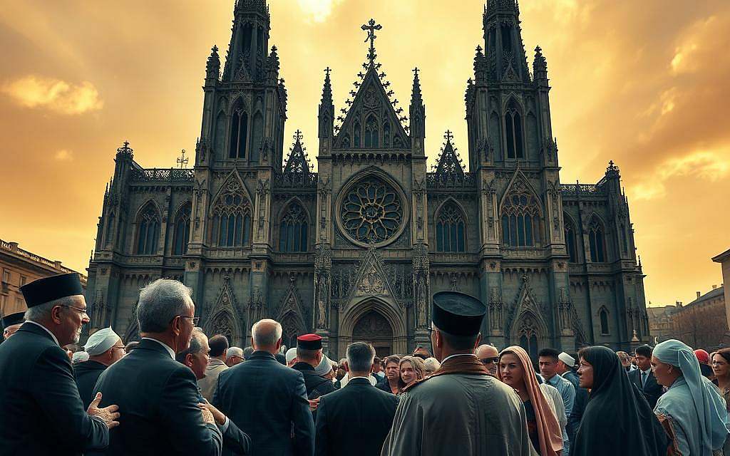 A stately cathedral stands tall, its intricate gothic spires reaching skyward, symbolizing the intertwining of religion and politics. In the foreground, a group of political figures engaged in heated debate, their gestures and expressions reflecting the complex dynamics between faith and governance. The midground showcases a diverse crowd of people, each representing different religious and cultural backgrounds, their interactions hinting at the rich tapestry of societal influences. The background is shrouded in a warm, golden light, creating an atmosphere of contemplation and reverence, as if inviting the viewer to ponder the delicate balance between the sacred and the secular. Shot with a wide-angle lens to capture the grand scale and scope of this scene, the image conveys the multifaceted relationship between religion, history, politics, and society.