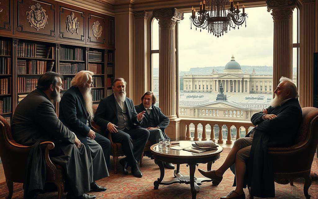 A striking classical scene depicting the philosophical differences among the Weimar luminaries - Herder, Wieland, Goethe, and Schiller. In the foreground, the thinkers engage in a lively debate, their gestures and expressions conveying the tension and contrast of their ideas. The middle ground features a grand, ornate interior with rich textiles, gilded furniture, and towering bookshelves, evoking the erudite salon setting. The background showcases a panoramic view of the Weimar cityscape, its Neoclassical architecture bathed in warm, soft lighting that imbues the scene with a sense of intellectual and artistic refinement. The overall atmosphere captures the dynamic clash of philosophical perspectives that defined the Weimar Classicism movement.