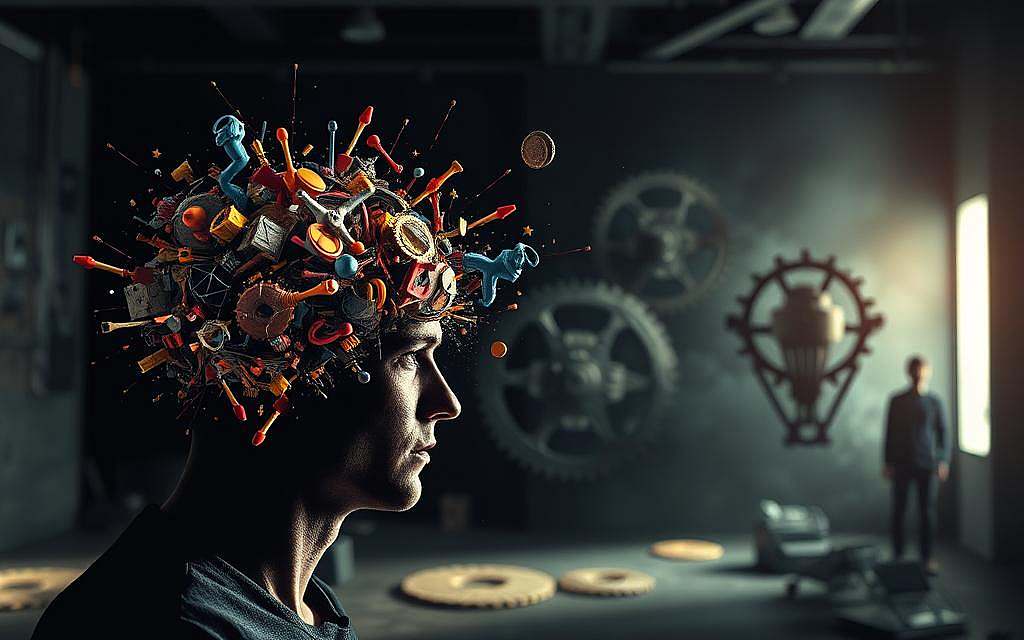 A striking scene depicting the psychological mechanisms of cognitive dissonance. In the foreground, a person's mind is in turmoil, with conflicting thoughts and beliefs colliding in a chaotic swirl of colors and shapes. The middle ground features abstract, cog-like structures, representing the intricate mental processes underlying the experience of cognitive dissonance. In the background, a dimly lit, unsettling environment suggests the unsettling nature of this psychological phenomenon. The lighting is dramatic, with strong shadows and highlights, creating a sense of tension and unease. The overall atmosphere is one of mental unrest and the struggle to reconcile contradictory ideas.