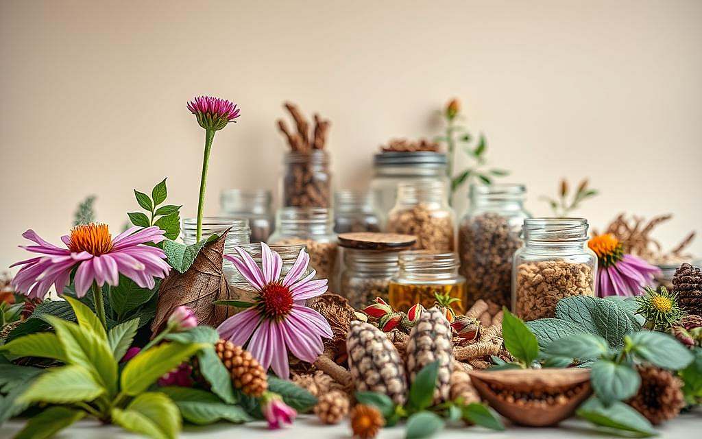 A stunning still life arrangement showcasing the natural beauty and quality of medicinal herbs. In the foreground, a vibrant array of Echinacea, Astragalus, and Katzenkralle (cat's claw) plants, their leaves and flowers captured in meticulous detail. The mid-ground features artfully arranged glass jars or vials, each containing the dried, powdered, or extracted forms of these healing herbs. Warm, diffused lighting from above casts a soft, natural glow, highlighting the earthy tones and textures of the botanical specimens. The background is a simple, minimalist backdrop, allowing the herbs and their containers to take center stage. The overall composition conveys a sense of purity, potency, and the inherent quality of these natural remedies, perfect for illustrating a buyer's guide on identifying high-grade medicinal plants.