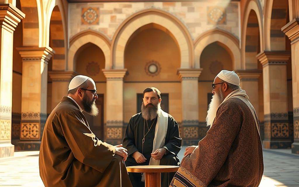 A sunlit courtyard, its walls adorned with intricate arches and patterns, serves as the backdrop for a scene of interreligious dialogue. In the foreground, representatives from diverse faiths – a Christian priest, a Jewish rabbi, and a Muslim imam – sit in a circle, engaged in a thoughtful exchange, their expressions reflecting openness and understanding. The warm, golden light casts a gentle glow, creating an atmosphere of harmony and mutual respect. The composition emphasizes the interconnectedness of these religious traditions, symbolizing the power of tolerance and the shared values that unite them.