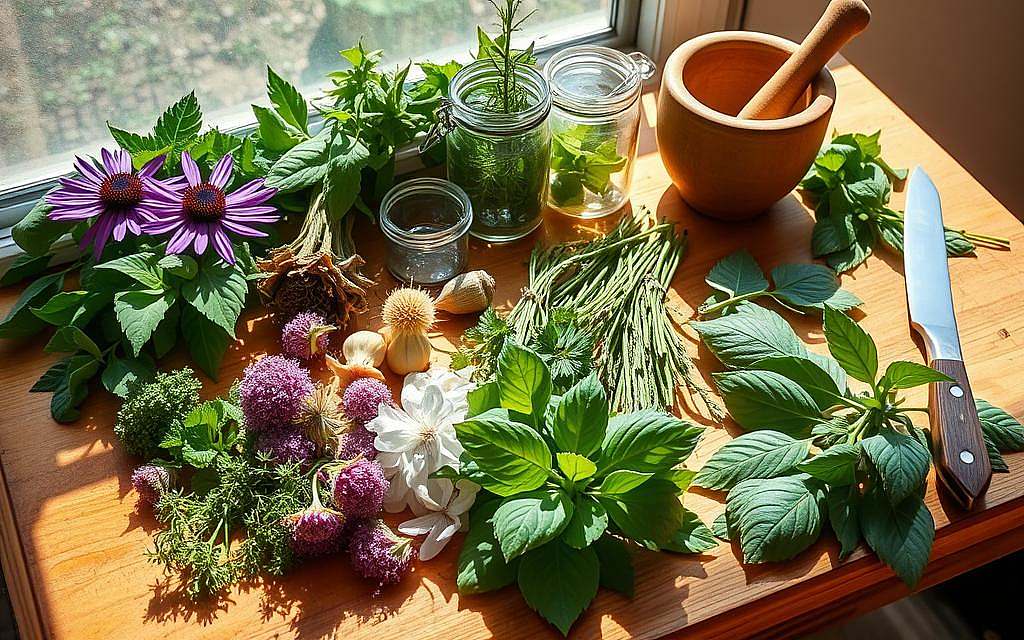 A sunlit wooden table showcases an array of fresh medicinal herbs, including vibrant purple Echinacea, delicate green Astragalus, and the distinctive leaves of Katzenkralle. Glass jars, a mortar and pestle, and a knife stand ready, evoking the careful preparation of these natural remedies. The lighting is warm and diffuse, casting gentle shadows that highlight the textures and colors of the plants. The overall scene conveys a sense of tranquility and the thoughtful process of harnessing the power of nature for health and wellness.