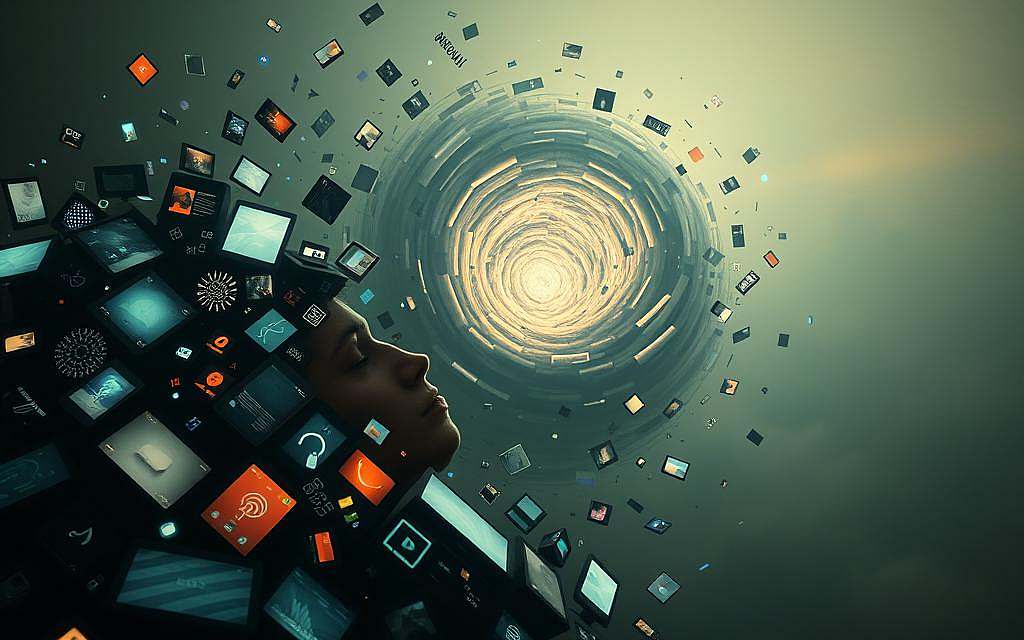 A surreal, hyper-realistic scene depicting the psychological conflict of "media consumption and cognitive dissonance". In the foreground, a person's head is partially submerged in a sea of glowing, fragmented screens, representing the overwhelming influx of information and the struggle to reconcile contradictory beliefs. The middle ground features a tumultuous, swirling vortex of abstract, disjointed visual elements - symbols, numbers, and distorted text - symbolizing the chaos and mental strain caused by the dissonance between media narratives and personal convictions. The background is a vast, hazy expanse, evoking a sense of isolation and the overwhelming scale of the issue. Dramatic, high-contrast lighting casts sharp shadows, heightening the sense of tension and unease. Rendered in a photorealistic style with a cinematic, chiaroscuro aesthetic.