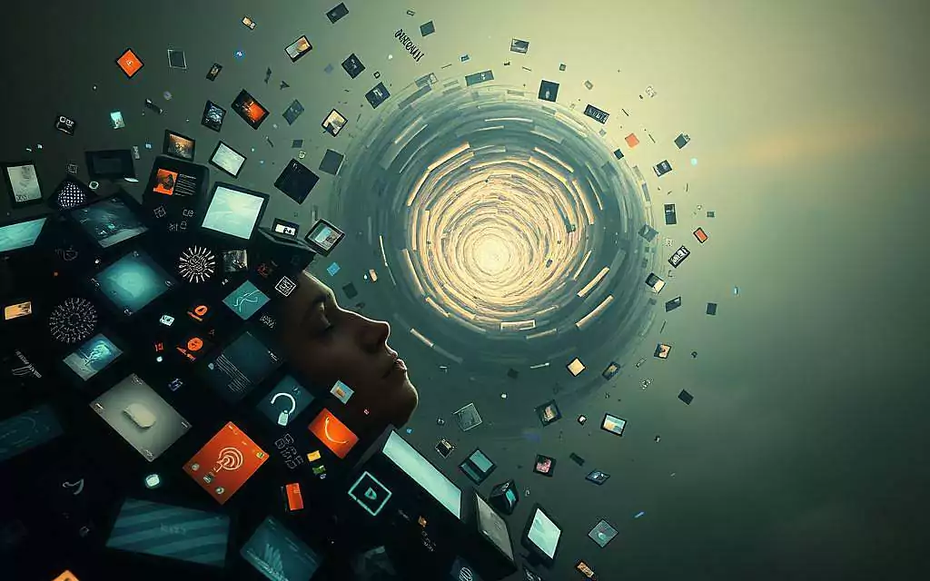 A surreal, hyper-realistic scene depicting the psychological conflict of "media consumption and cognitive dissonance". In the foreground, a person's head is partially submerged in a sea of glowing, fragmented screens, representing the overwhelming influx of information and the struggle to reconcile contradictory beliefs. The middle ground features a tumultuous, swirling vortex of abstract, disjointed visual elements - symbols, numbers, and distorted text - symbolizing the chaos and mental strain caused by the dissonance between media narratives and personal convictions. The background is a vast, hazy expanse, evoking a sense of isolation and the overwhelming scale of the issue. Dramatic, high-contrast lighting casts sharp shadows, heightening the sense of tension and unease. Rendered in a photorealistic style with a cinematic, chiaroscuro aesthetic.