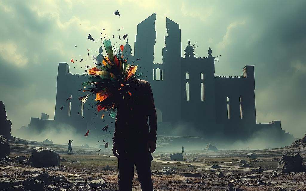 A surreal landscape reflecting the clash between inner turmoil and mental well-being. In the foreground, a figure appears to be crumbling, their form disintegrating into abstract shards of color and light. The middle ground is dominated by a disjointed, fractured architecture, symbolizing the breakdown of cognitive coherence. The background fades into a hazy, dreamlike realm, evoking the disorientation and disconnection of psychological dissonance. Dramatic chiaroscuro lighting casts stark shadows, heightening the sense of unease and inner conflict. The overall composition conveys a sense of psychological fragmentation and the struggle to maintain mental stability in the face of clashing beliefs and perceptions.