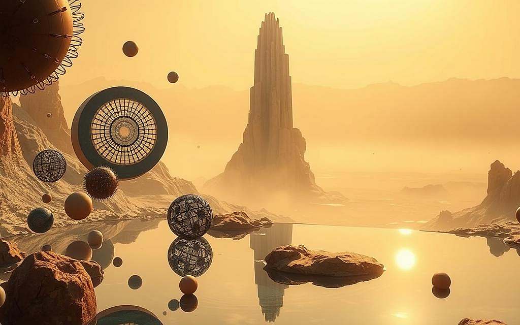 A surreal landscape where language and reality intertwine, illuminated by a warm, golden light. In the foreground, abstract shapes and patterns representing the constructs of language float and swirl, casting reflections upon a serene pool. The middle ground features a towering, faceted structure symbolizing the human consciousness, its surfaces shifting and refracting the light. In the distant background, a vast, ethereal expanse suggests the limitless nature of perception, hazy and indistinct. The overall composition evokes a sense of contemplation, inviting the viewer to ponder the relationship between the words we use and the world we experience.