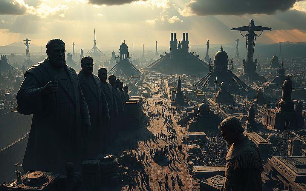 A sweeping, cinematic scene of power and control throughout history. In the foreground, monumental figures loom, their expressions stern and commanding. Shadows of past empires cast across the ground, symbolizing the weight of historical legacy. The middle ground is a dense tapestry of ancient symbols, iconography, and technological artifacts, hinting at the interplay of ideology and innovation. The background opens to a vast, dystopian landscape - towers, machinery, and networked systems that evoke both progress and subjugation. The lighting is dramatic, with shafts of light piercing the gloom, creating an atmosphere of foreboding and unease. The overall impression is one of the cyclical nature of power, control, and the persistent human struggle against oppressive forces, past and present.