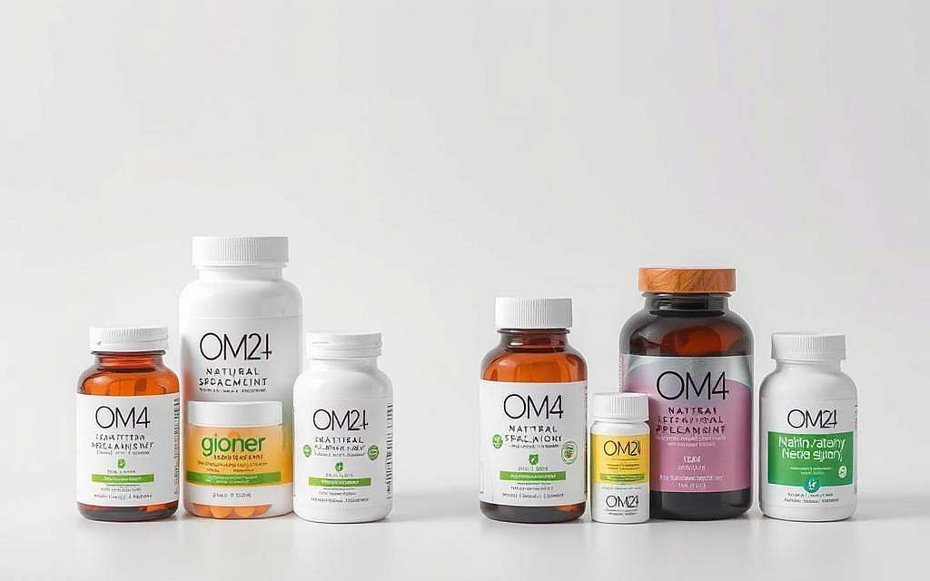 A tasteful, high-quality product comparison display showcasing a range of OM24 natural health and anti-aging supplements. Sleek, minimalist design with each product neatly arranged on a crisp white background, allowing their distinctive packaging and formulations to take center stage. Soft, even lighting accentuates the premium, modern aesthetic. The composition is balanced and visually appealing, drawing the viewer's attention to the key details and differences between the OM24 items. An informative, yet elegant presentation that invites the audience to explore and compare the brand's offerings. A tasteful, high-quality product comparison display showcasing a range of OM24 natural health and anti-aging supplements. Sleek, minimalist design with each product neatly arranged on a crisp white background, allowing their distinctive packaging and formulations to take center stage. Soft, even lighting accentuates the premium, modern aesthetic. The composition is balanced and visually appealing, drawing the viewer's attention to the key details and differences between the OM24 items. An informative, yet elegant presentation that invites the audience to explore and compare the brand's offerings.