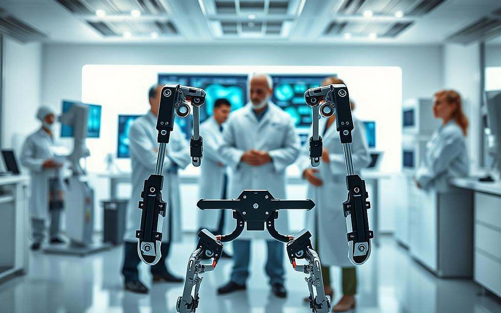 A technologically advanced laboratory setting, with medical professionals examining innovative joint pain treatment devices. In the foreground, a sleek, minimalist robotic exoskeleton frame designed to support and rehabilitate damaged joints. Behind it, a team of researchers in sterile white coats analyze data on high-resolution displays, the room bathed in a cool, clinical lighting. In the background, glimpses of cutting-edge diagnostic equipment and experimental therapies hint at the future of personalized, data-driven joint pain management. The atmosphere conveys a sense of scientific progress, precision, and the relentless pursuit of new solutions for chronic musculoskeletal conditions.