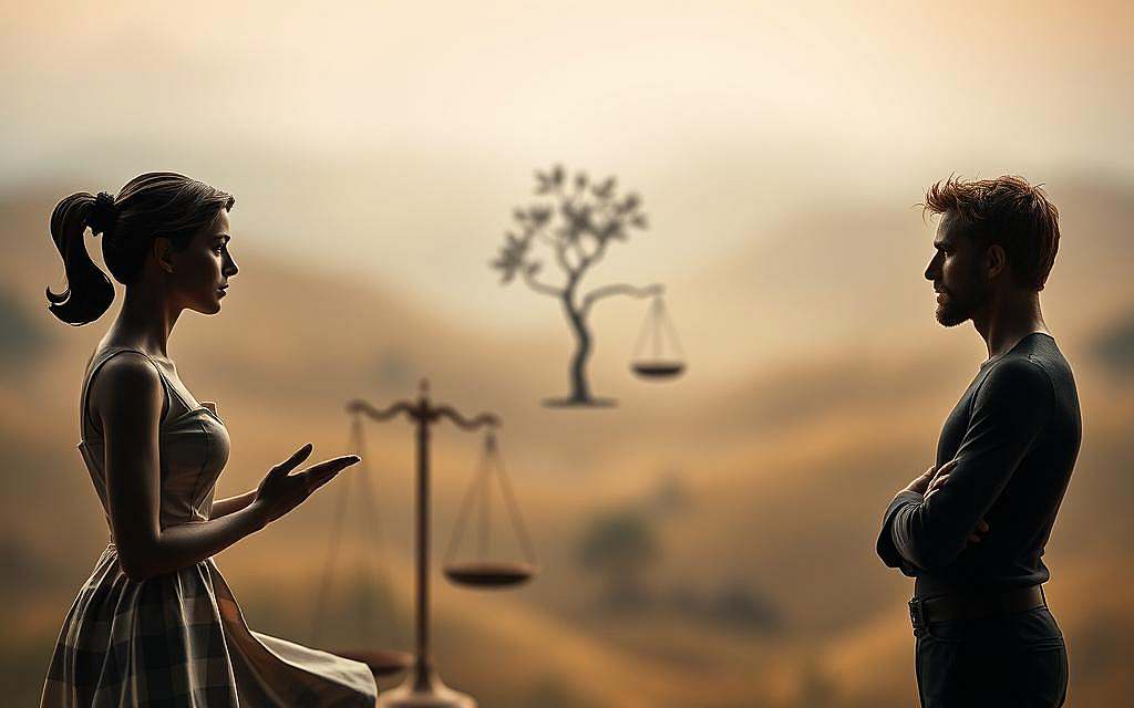 A thought-provoking dialogue between feminism and masculism, captured through a striking visual. In the foreground, two figures, one representing the feminine and the other the masculine, engage in a deep discussion, their gestures and expressions conveying a sense of understanding and mutual respect. The middle ground features subtle symbolism, such as scales symbolizing balance and a tree representing growth, hinting at the potential for harmony. The background is a softly blurred, ethereal landscape, evoking a contemplative atmosphere that invites the viewer to ponder the complexities of gender dynamics. Warm, muted tones create a sense of introspection, while strategic lighting casts a thoughtful glow across the scene. Masterfully composed to capture the nuanced discourse between these two important societal perspectives.