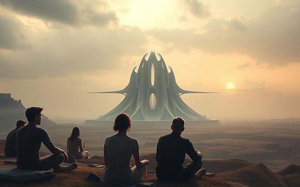 A thought-provoking philosophical landscape, illuminated by a soft, diffused light. In the foreground, a group of pensive figures seated in a serene, contemplative pose, their expressions reflecting deep contemplation. The middle ground features a striking architectural structure, its design blending organic and futuristic elements, symbolic of humanity's potential evolution. In the background, a vast, ethereal sky painted in muted hues, hinting at the unknown possibilities that lie ahead for the human race. The overall atmosphere is one of introspection, wonder, and a sense of the infinite potential that the future holds.