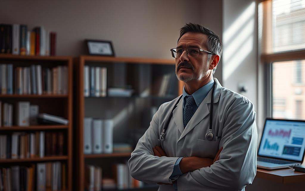 A thoughtful doctor standing in a dimly lit medical office, contemplating the complexities of evidence-based medicine. Soft rays of light filter through the window, casting an introspective glow on the scene. In the background, a bookshelf filled with medical tomes and a laptop display showcasing statistical data. The doctor's expression conveys a sense of deep consideration, balancing the rigors of scientific research with the nuances of individual patient care. The atmosphere is one of quiet contemplation, highlighting the challenge of translating empirical findings into practical, personalized treatment.