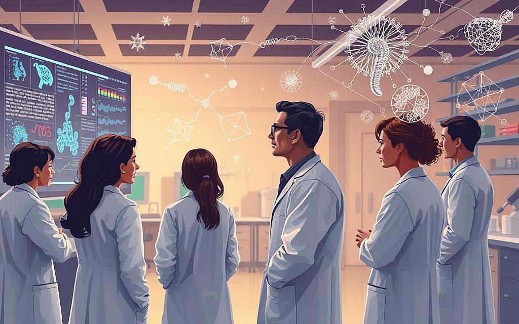 A thoughtful, scientifically-minded illustration of cutting-edge autism research. The foreground features a group of diverse researchers in lab coats, deeply engaged in examining data and models on high-resolution displays. The middle ground showcases complex molecular diagrams, gene sequences, and neural network visualizations, hinting at the multifaceted nature of autism's biological underpinnings. In the background, a softly-lit research facility with state-of-the-art equipment and a serene, contemplative atmosphere conveys the serious, dedicated pursuit of understanding this complex condition. Warm, muted tones and a sense of collaborative discovery pervade the scene, reflecting the collaborative, evidence-based spirit of modern autism research.