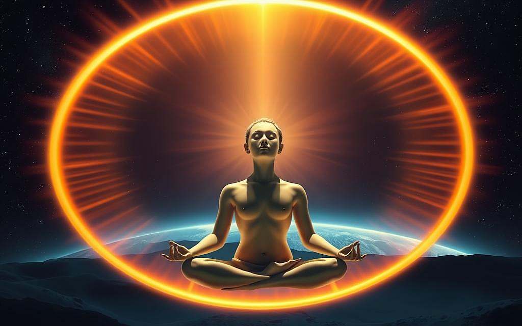 A torus-shaped energy field envelops a serene, meditative figure. Rays of warm, diffused light emanate from the torus, casting a soft, ambient glow. The figure's eyes are closed, their expression peaceful and introspective, their pose suggestive of deep inner awareness. In the background, a cosmic, starry landscape evokes a sense of the torus as a portal to higher consciousness and connection with the universal energies. The composition is balanced and harmonious, inviting the viewer to contemplate the relationship between the torus, the human mind, and the profound mysteries of existence.