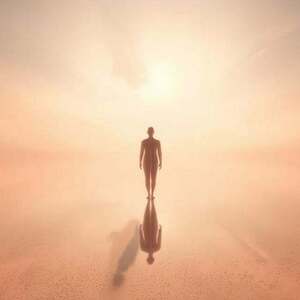 A tranquil, dreamlike landscape where the boundary between the physical and the metaphysical blurs. In the foreground, an ethereal figure embodying the illusion of separation, its form hazy and indistinct, melting into the surrounding environment. The middle ground features a serene, mirrored surface reflecting the sky above, creating a sense of duality and the interplay of perception. In the background, a vast, minimalist expanse of soft, muted tones, evoking a meditative state and the underlying unity of all things. Diffuse, warm lighting bathes the scene, lending a sense of timelessness and the transcendence of material existence. Captured through a wide-angle lens, the composition emphasizes the interconnectedness of the elements, inviting the viewer to contemplate the nature of reality and the fleeting nature of individual identity.