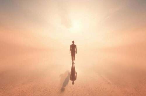 A tranquil, dreamlike landscape where the boundary between the physical and the metaphysical blurs. In the foreground, an ethereal figure embodying the illusion of separation, its form hazy and indistinct, melting into the surrounding environment. The middle ground features a serene, mirrored surface reflecting the sky above, creating a sense of duality and the interplay of perception. In the background, a vast, minimalist expanse of soft, muted tones, evoking a meditative state and the underlying unity of all things. Diffuse, warm lighting bathes the scene, lending a sense of timelessness and the transcendence of material existence. Captured through a wide-angle lens, the composition emphasizes the interconnectedness of the elements, inviting the viewer to contemplate the nature of reality and the fleeting nature of individual identity.